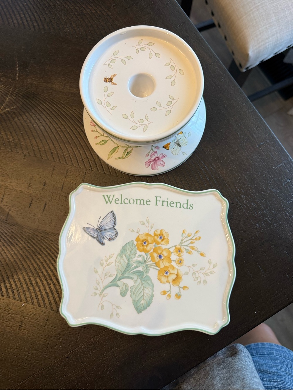 Lenox Butterfly Meadow 2pc Lot-Hurricane Candleholder & “Welcome Friends” Trivet - Picture 3 of 6